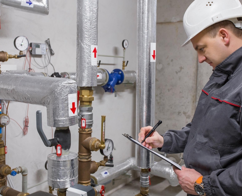 Person with clipboard inspecting boiler room pipes